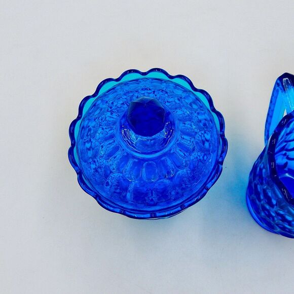 Fenton Glass Colonial Blue Thumbprint Sugar Bowl Creamer Pitcher Lid Set - Picture 7 of 13